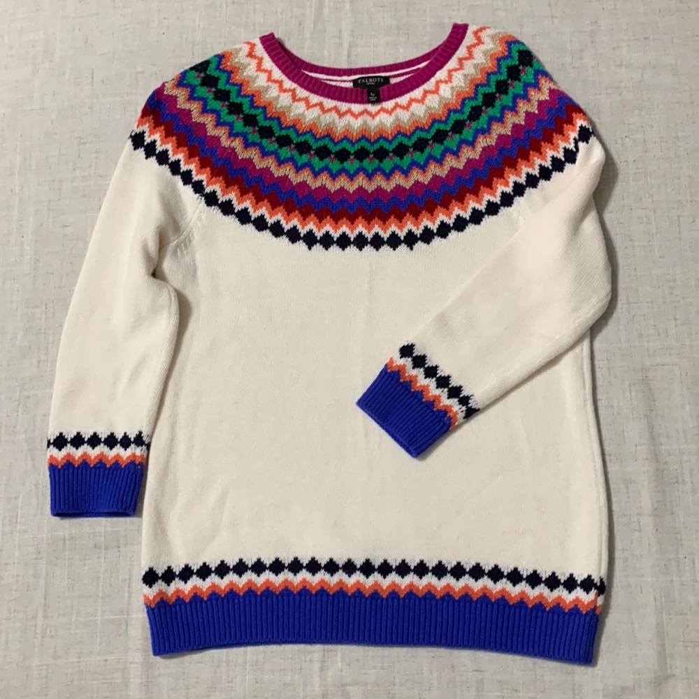 TALBOTS Fair Isle White Multicolor The Quarter Sleeve Wool Sweater